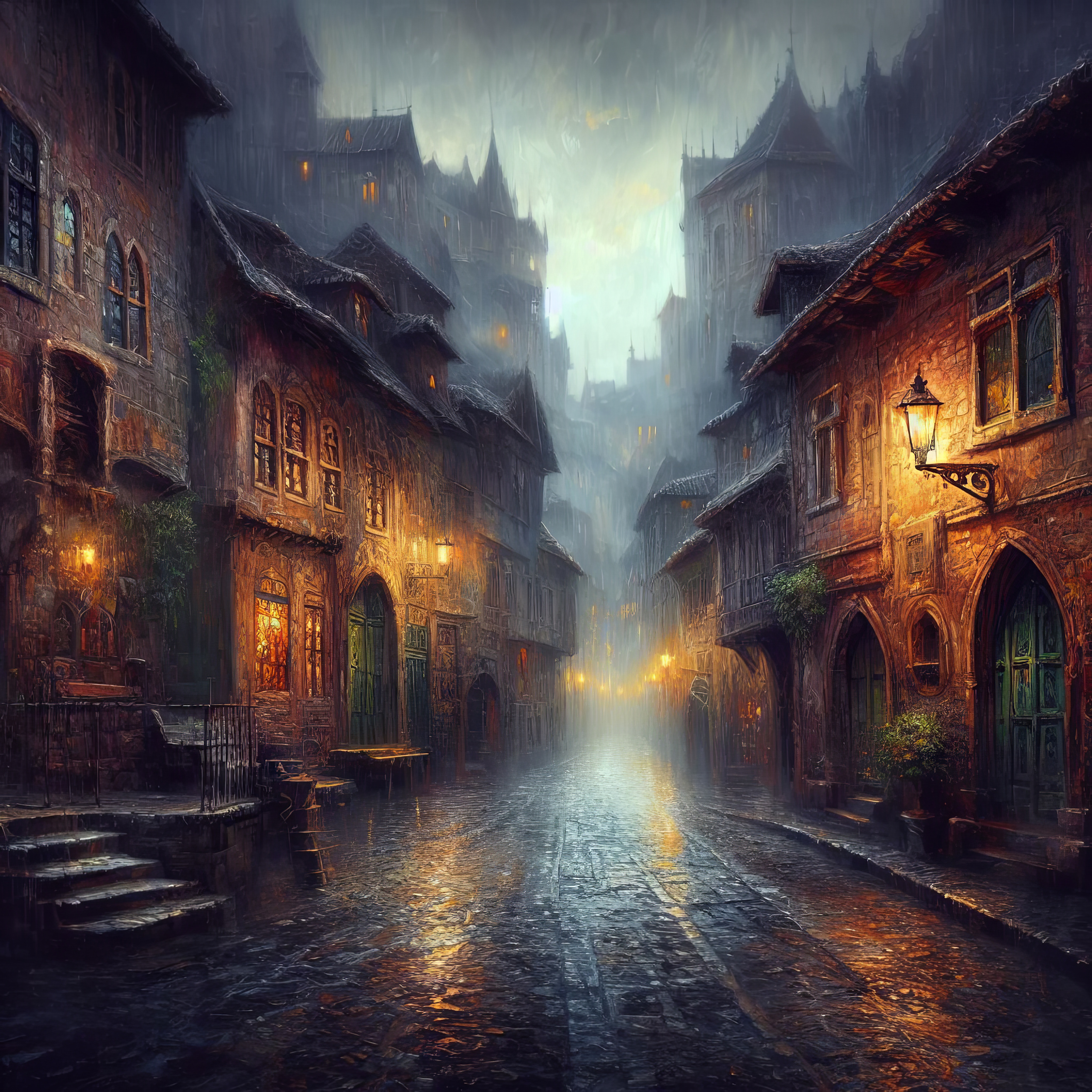 Old town in the rain
